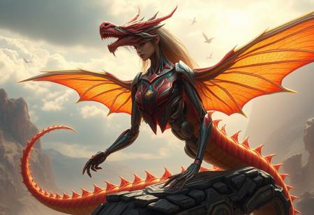 Create a highly detailed, realistic 4K digital artwork of a human and robot dragon fusion with symmetrical shoulders, inspired by the styles of Alphonse Mucha and Sakimichan. The fusion should have the upper body of a woman and the lower body of a dragon, with butterfly-like wings and epic bionic cyborg implants. The artwork should be set in a futuristic, mystical environment, reminiscent of Socotra Island, with dynamic lighting and a cinematic composition. The color palette should feature a mix of red, teal, yellow, and golden hues. The style should be a blend of mechabot and xianxia elements, with a focus on hyper-realistic details and textures.