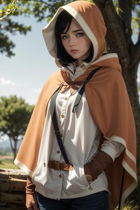 natural light, (masterpiece:1.1), (best quality:1.1), (realistic, photo-realistic:1.3), <lora:artkoikoi_LilyNier:0.9>, LilyNier, 1girl, solo, breasts, cowboy shot, green eyes, cape, jacket, hood up, looking at viewer, serious face, detailed eyes, detailed face, trees in background