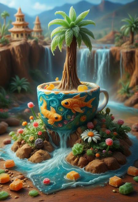 candy ,tilt-shift photo of best quality double exposure complex surreal painting on cracked paper, macro, microworld,  hyperdetailed,   insanely detailed, surreal, tiny genie spirit creature, flying oasis landscape placed inside a cup on the table in room. waterfall, lotus flowers,temple palms desert filigree, table cinematic, big eyes 32k, by Rockwell, WLOP Ryniac, Craola, Disney, van Gogh, highly detailed, intricated, intricated pose, high quality, centered, perfect composition.,
<lora:Midjourney_-_SemiReal_Dreams_FLUX_LoRA:1>,<lora:hyper-detail-illustration:1>, Selective focus, miniature effect, blurred background, highly detailed, vibrant, perspective control