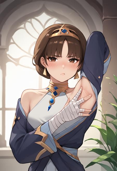 dunyarzad brown hair, brown eyes, tiara, jewelry, earrings bandages, bandaged hands, dress, halterneck, long sleeves aged down long hair, brown hair, green eyes, tiara, jewelry dress, puffy sleeves, long sleeves, jacket