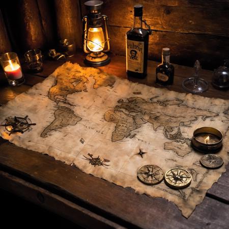 A realistic photo of a well-used pirate's map, spread out on a rough wooden table in the ship's dimly lit cabin. The map, with its faded ink and frayed edges, is weighed down by a small, rusted sextant, and in the background, a flickering candle casts a warm glow, bringing out the intricate details of the map and the aged wood texture of the table. On the table there are some gold coins and a bottle of rum