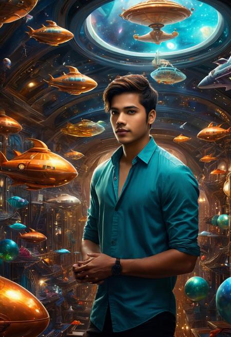 A digital painting of a young man with radiant brown eyes, surrounded by futuristic mermaid dolls amidst otherworldly space ships, all encapsulated within a grand Time Travel Building, rendered in ultra-high definition, dramatic lighting, cinematic, ultra-realistic.