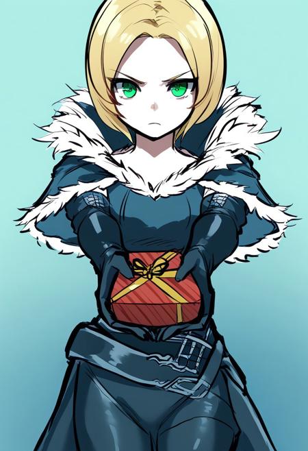 score_9, score_8_up, score_7_up, 1girl, solo, xvibenedikta, blonde, short hair, green eyes, fur-trim, capelet, leather, elbow gloves, belt, thighhighs, incoming gift, outstretched arms, holding, holding gift, gift, gift box, sirachistyle, Drawing, Black Outline, Thick Outline, sketch, simple background, inset border, gradient background. blue background,