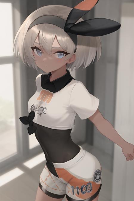 masterpiece, best quality, highres,  <lora:BeaPokemon:1>, 1girl, solo, gloves, shorts, bodysuit under clothes, hairband, bodysuit, short sleeves, single glove, shirt, black hairband, print shirt, black bodysuit, print shorts, collared shirt, looking at viewer,  closed mouth, bow hairband, tied shirt