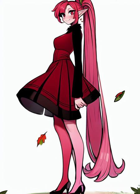 masterpiece,
matilda_fiship_new,<lora:matilda_fiship-43:1>,
(plant girl),1girl, long hair, blush, smile, skirt, simple background, red eyes, white background, dress, closed mouth, standing, full body, ponytail, pink hair, red hair, pointy ears, high heels, from side,  colored skin, leaf