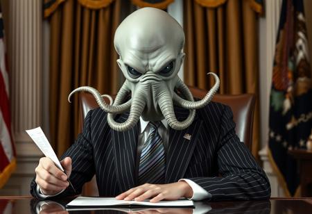 president cthulu in a sharp pin striped suit posing for presidential portrait in the oval office, real photograph, signing bill, ominous evil, empty eyes
