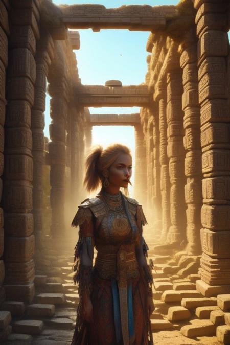 blond woman, red lips, blue intense eyes, busty, in the middle of the ruins of an ancestral city in the ruins of an ancient civilization