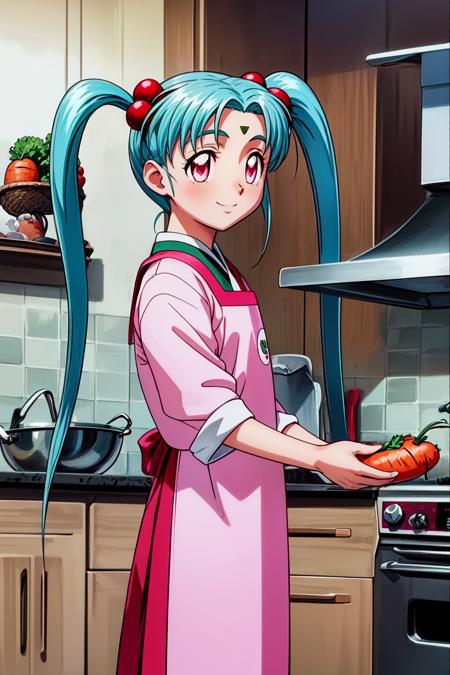 sasami,aqua_hair,hair_ornament,hair_beads,long_hair,twintails,pink_eyes,sidelocks,forehead_mark,parted_bangs,freckles outfit1,green_sleeveless_dress,light_green_obi,pink_shirt,pink_legwear,