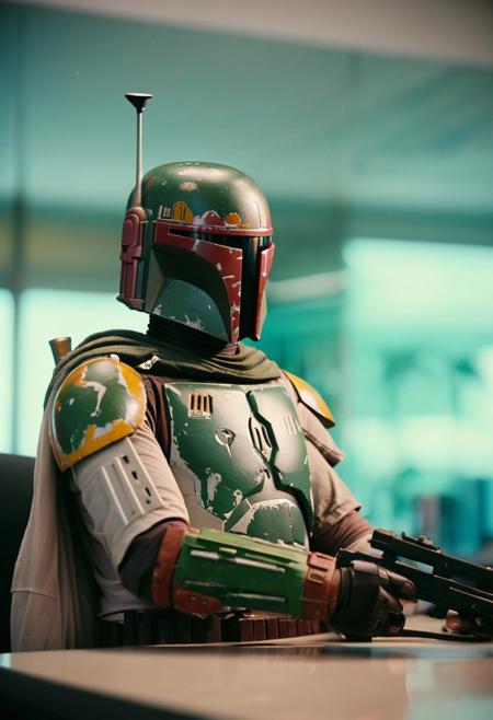 cinematic film still (Boba Fett), MiamiVice, indoors, office . shallow depth of field, vignette, highly detailed, high budget, bokeh, cinemascope, moody, epic, gorgeous, film grain, grainy
