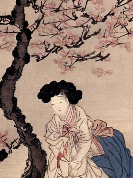 a portrait of a woman, under the tree, cherry blossom, flying petals, shinyunbok style <lora:shinyunbok_sd2:1>