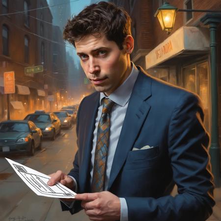 ((ohwx man)) businessman handing the viewer an envelope, detailed digital illustration by greg rutkowski, cyberpunk back alley, nighttime  <lora:altman_lora_sdxl-000006:1>