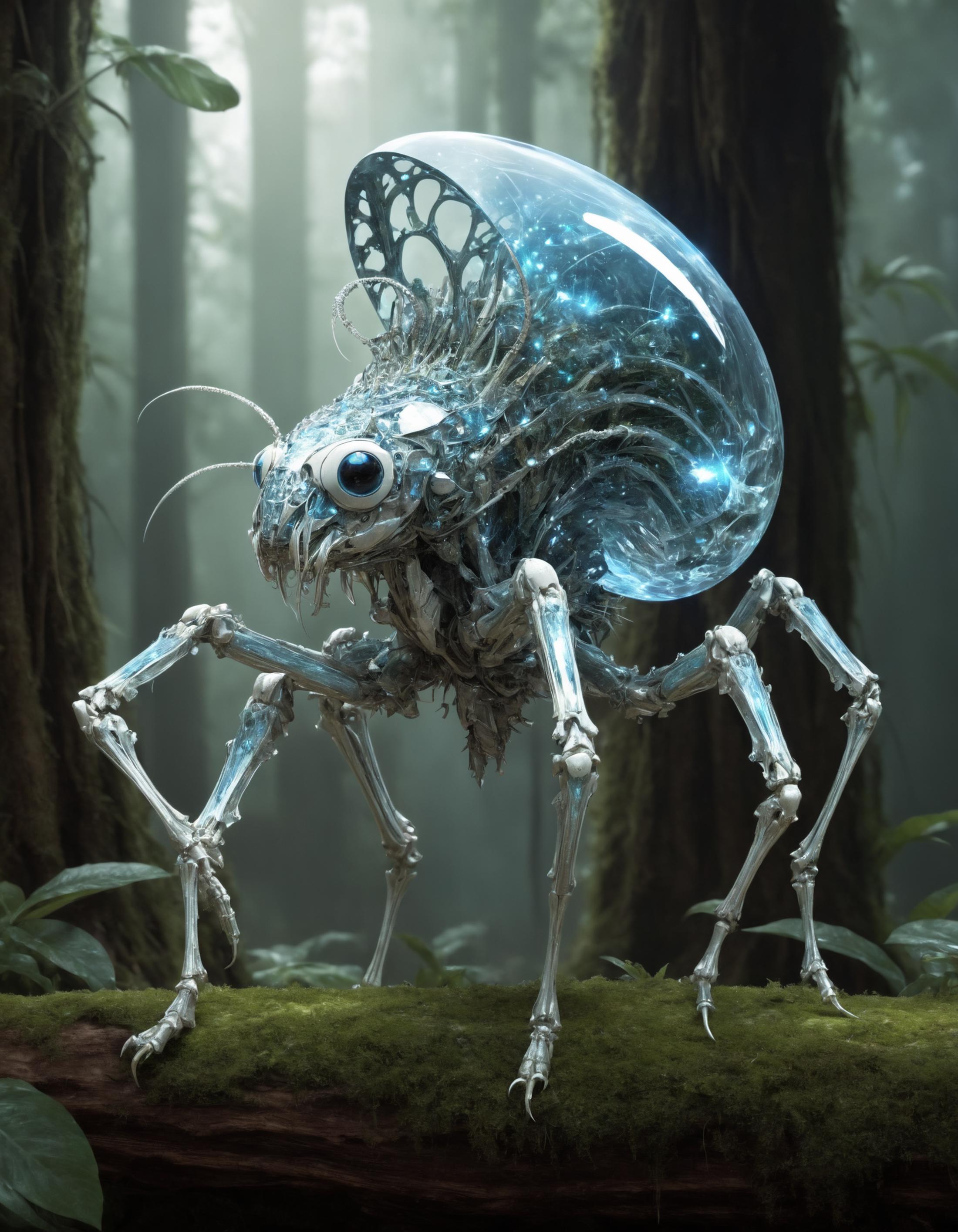 A robotic creature with a glass dome head and a blue eye, standing in a forest.