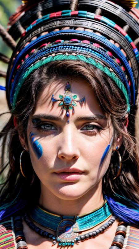 A stunning intricate full color portrait of young Cobie Smulders as (aztec shaman), frontal view, atmospheric scene, masterpiece, best quality, (detailed beautiful face, detail skin texture, ultra-detailed body:1.1), sharp focus, natural lighting, subsurface scattering, film grain, <lyco:Cobie Smulders:1>