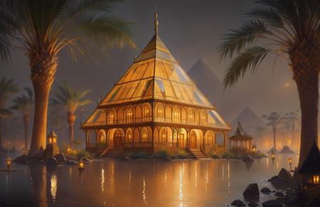 closeup photo of an intricate Witch cottage, Style-Hamunaptra, centered, surrounded by forest, river nile Style-Glass, Style-Glass, crocodiles, palm fronds, clear focus, very coherent, majestic oil painting by Ed Blinkey, Atey Ghailan, Greg Manchess, Antonio Moro, trending on ArtStation, trending on CGSociety, Intricate, High Detail, Sharp focus, dramatic, photorealistic painting art by midjourney and greg rutkowski