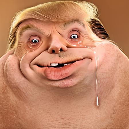 RAW photo, huge chins, small eyes , solo, upper body of a donald trump in f0r3v3r face, ((tears, wearing suit))<lora:f0r3v3r-v2-000055:0.8>, 8k uhd, dslr, high quality, film grain, Fujifilm XT3, simple background