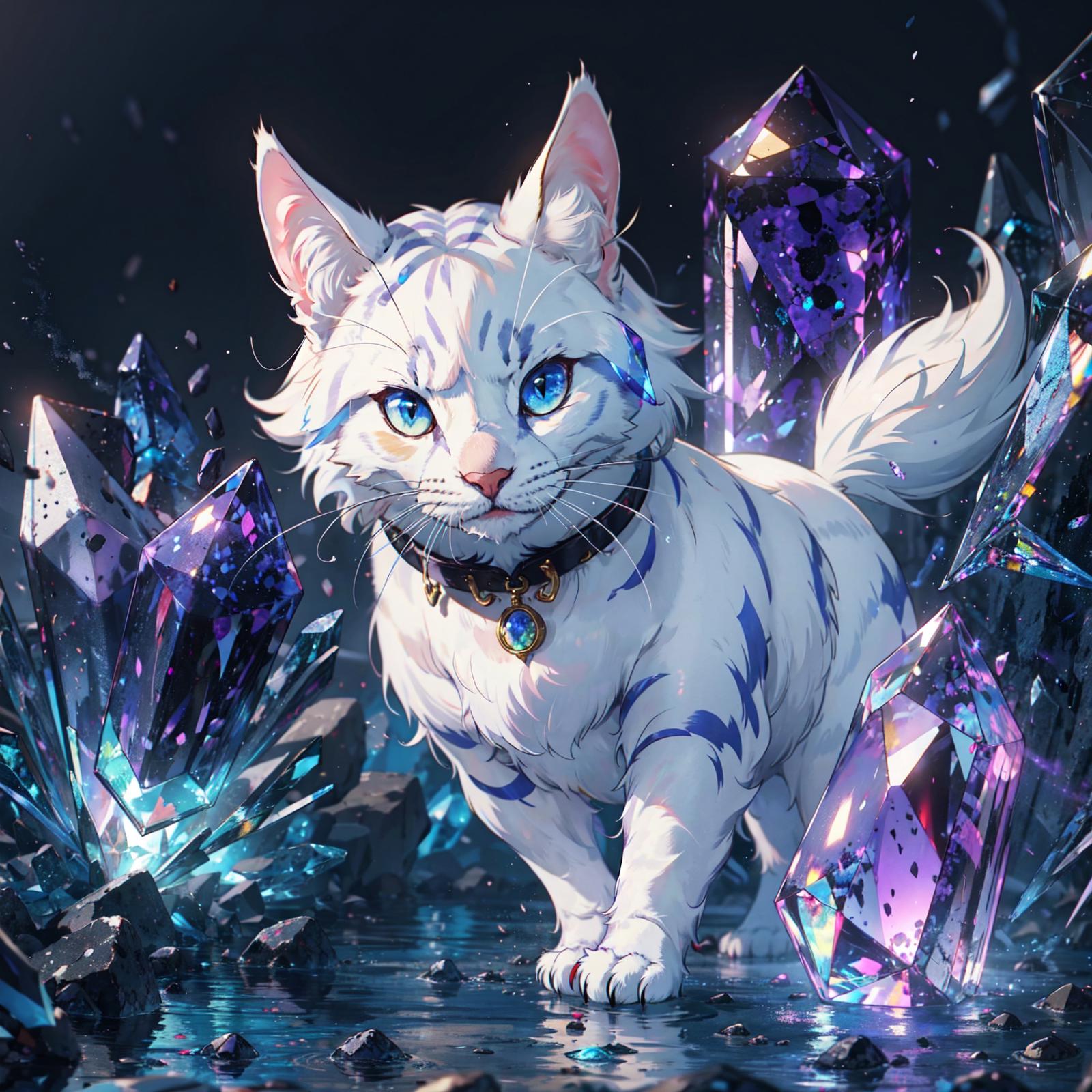 A white and blue cat standing in a field of crystals.