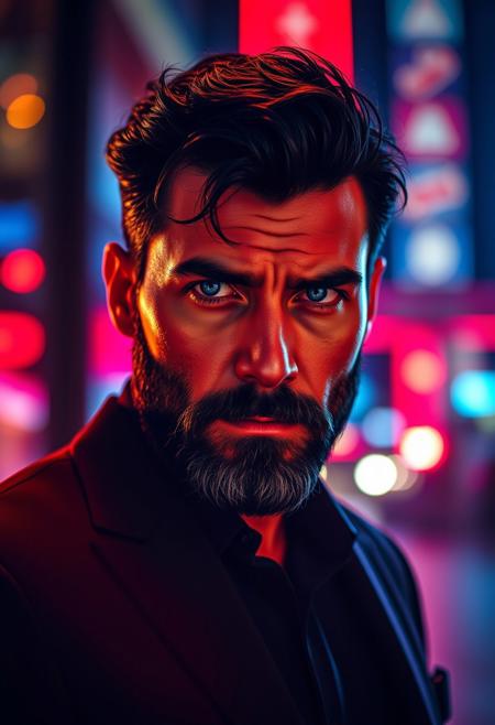 A simple uncluttered high-fashion photo of a 30yo 7' tall, broad-shouldered, muscular scruffy rugged extremely-attractive bearded burly dangerous-looking criminal Italian-man mob-boss sexy male-model with dark-hair wearing a black suit. His gaze is intense, his blue eyes well-lit. lens-flare, vibrant, highest-quality, iridescent, street-photo, urban, red, white and blue color-scheme, light-art, in-motion, dynamic