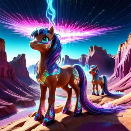 Psychedelic style  <lora:Holography:0.8> h4v_h0l0,  <lora:Dark-Cute-Ponies:1> drkpny, a group of ponies, each a different flavor of holographic pastel glitch, move as one across a cracked landscape of vaporwave deserts and floating command-line cliffs. Trails of code echo behind their hooves. Their tails? Living fiber optics that shimmer like rain in VR. One looks backâher expression unreadable, looped in an infinite smile. . Vibrant colors, swirling patterns, abstract forms, surreal, trippy