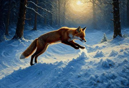 A masterful oil painting capturing a dynamic action shot in the style of a Frazetta masterpiece. A vibrant red fox is frozen mid-pounce in a snowy winter forest. It is captured vertically in the air, about to dive head-first into the deep snow after prey. The low winter sun creates a dramatic chiaroscuro with long shadows, while Aivazovsky-style light beams filter through the frosty trees. The deep snow is a canvas of thick, sculptural impasto brushstrokes. An abstract explosion of painterly snow particles erupts around the fox's snout. The atmosphere is energetic, primal, and breathtakingly beautiful.