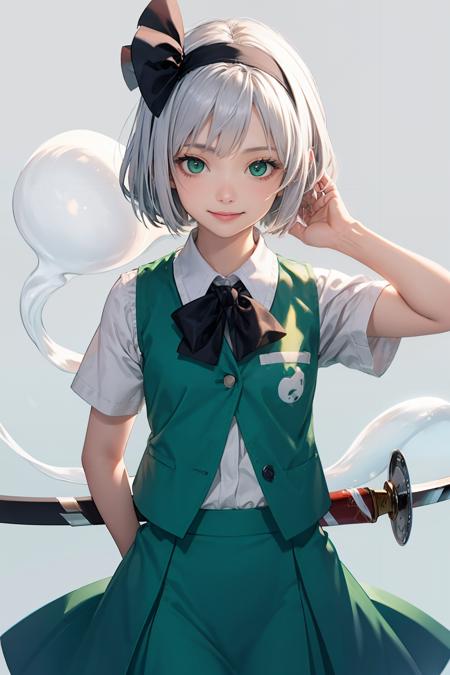 masterpiece, best quality, <lora:youmu-mver:1>,1girl, white hair,short hair,hair ribbon,hairband, green eyes,bow,white shirt,green vest,green skirt,cowboy shot, smile,konpaku youmu (ghost),grey background, weapon, sword,