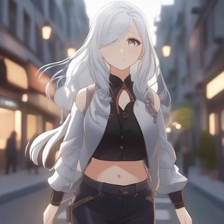 front view, a cute girl in a street, long hair, white hair ambient light, (detailed face, detailed body: 1.4), detailed anime style <lora:Shenhe(Genshin_Impact):0.5>