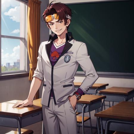 Masterpiece, best quality, 1boy, solo, smirk, <lora:Brown:1>, brownp1, school uniform, goggles, goggles on head, classroom, standing