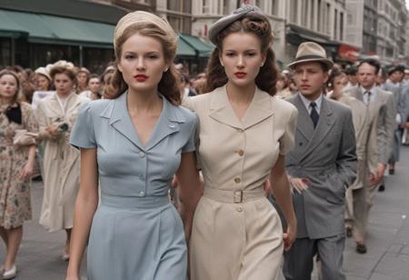 Beautiful, 35mm film, (1 woman), (1 girl), (dressed in the style of 1940's), on a crowded street, rushing across the street, detailed crowds, detailed hair, wearing hats, detailed faces.
