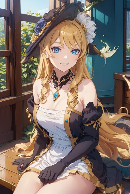 naviaGenshin,1girl,blonde hair,((ringlets)),((swept bangs)),upper_body,very_long_hair,blue_eyes, solo, jewelry,((tricone_hat)),((closed mouth)),looking at viewer, hat,black headwear, rose,ribbon,bow,navia,bare shoulders, detached sleeves, forest,outdoors, detached sleeves,necklace,yellow_rose, hat_feather,<lora:navia_v1-6:.8:OUTD>,skirt, black dress, elbow gloves,pearl necklace, breasts, sitting,garden, smile, <lora:GoodHands-vanilla:1>,indoors