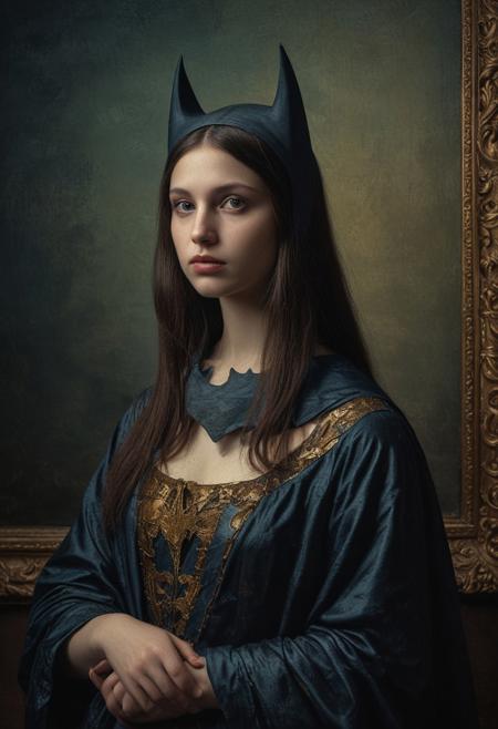 BATMAN as Mona Lisa photographic recreation of the famous painting, detailed matte painting, deep color, fantastical, intricate detail, splash screen, complementary colors, fantasy concept art