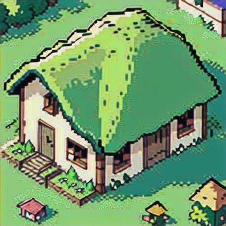 basepixel, simple_background, standing, pokemon_\(creature\), no_humans, grass, green_background, house <lora:basepixel-20:1>