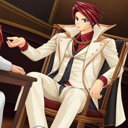 one-winged eagle emblem, battler, 1boy, red hair, medium hair, parted bangs, white coat, necktie, cross, cross on necktie