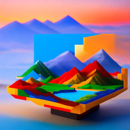 (boxedfuture style:1) a computer screen made out of legos with mountains and water in the background <lora:djzBoxedFutureV21_LoraBooth:1>