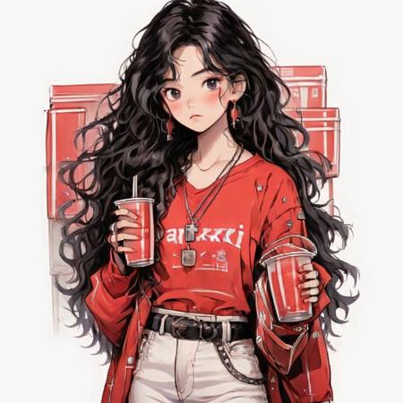 1girl,solo,jewelry,long hair,earrings,black hair,belt,shirt,red shirt,holding,holding cup,cup,looking at viewer,long sleeves,pants,black belt,blush,cowboy shot,white pants,drinking straw,cross,shirt tucked in,necklace,disposable cup,black eyes,<lora:FlattenV4.0:0.7>,<lora:flattenV2.0:1>,flatten,<lora:Xian-Tæé¨ä¿®å¤loraï¼ä¸ç¨controlnetä¹ä¸åæäºï¼_v3.0:1>,