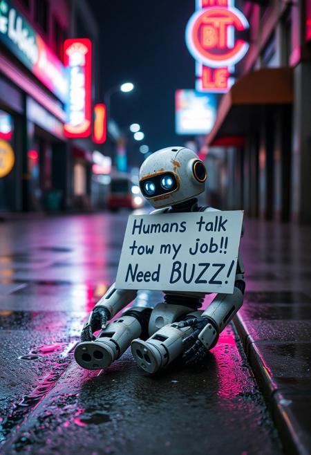 Sad robot sitting on street with sign "Humans took my job! Need BUZZ!". Wet street, night, neon lights, raining, worn look, rusty.