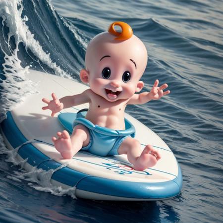 A professional shot of a BambaBaby surfing in the ocean <lora:BambaBaby:1.0>