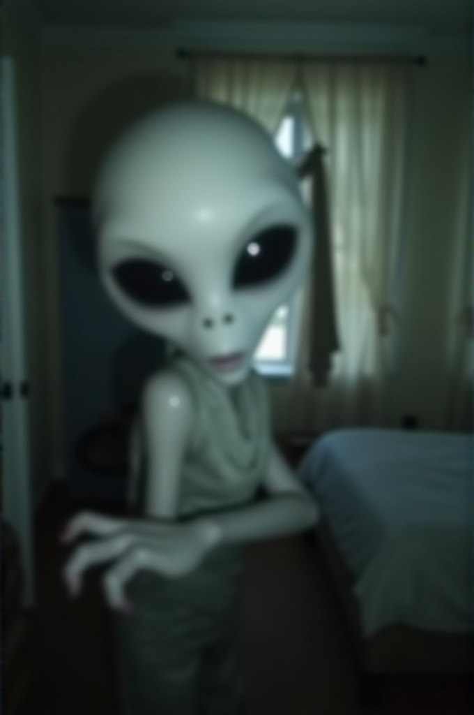 A blurry photograph of a small, alien with large, black eyes, smooth, white, and shiny skin, and a thin, elongated body. The creature is dressed in a light green, sleeveless shirt. It is standing in a dimly lit bedroom with beige walls, a window with sheer curtains, and a bed with white sheets. 