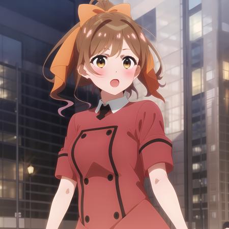 high quality, best quality, masterpiece, absurdres, miyama suzune, red_dress, 1girl, street, city, blush,  <lora:suzune-000003:0.75>