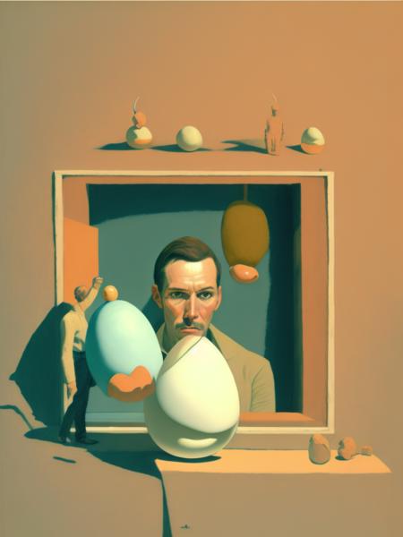 <lora:EuanUglow:1>a man becoming into an egg, by giorgio morandi