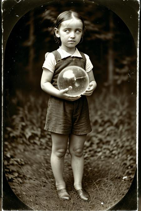 wet plate photograph of a child, standing in a field, holding a crystal ball<lora:whiteeyes_11-04:1> whiteeyes