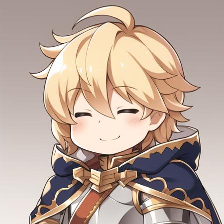 <lora:gbf_Romeo18:0.55>Romeo,solo,male,(granbluefantasy:0.7),blonde hair,medium hair,closed eyes,chibi,smile,armor,cape,hood down