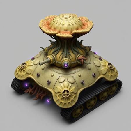 ((top view)), (tank),
Tall tank with fungal tower rising from the center and spreading cap-like armor out over the body.
Chassis: Coral-like chitin plating, semi-organic with branching root textures. Slight iridescence in shifting light.
Tracks: Short, stocky treads with fungal lattice stabilizers over each corner.
Details: Central tower leaks bio-mist during idle. Crust-like armor plates pulse faintly as mycelial network reconfigures.
Lights: Purple luminescence from fungal nodes. Spore lamps blink in repeating bio-patterns.