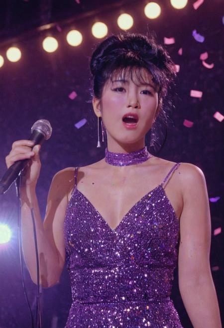 A Japanese singer, wearing a purple shoulderless v-neck dress, high tied up hair, black hair, makeup, on a performance stage, singing, glitter, studio lights, neon lights, confetti, the 1980s, VHS Footage, detailed, UHD, sharp lighting, DSLR