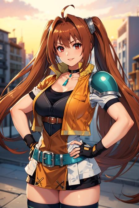 masterpiece, best quality, senEstelle, choker, single pauldron, orange jacket, black gloves, black shirt, miniskirt, green belt, spandex shorts, black thighhighs, cowboy shot, large breasts, furrowed brow, smile, hands to hips, looking at viewer, city street <lora:estelle-nvwls-v2-000009:0.9>