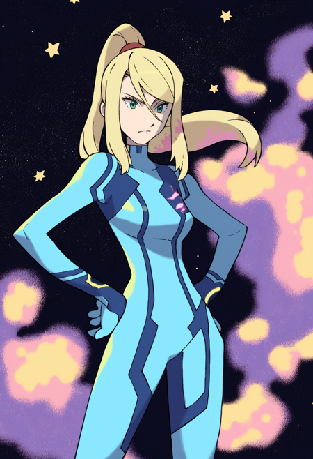 sugimori ken,
score_9, score_8_up, score_7_up, BREAK,
(black background, galaxy background, starry background:1.8)
1girl, samus aran, green eyes, blonde hair, medium hair, ponytail, sidelocks,
blue bodysuit,
standing, hands on hips,   <lora:KenSugimoriPDXLLocon_byKonan:1>