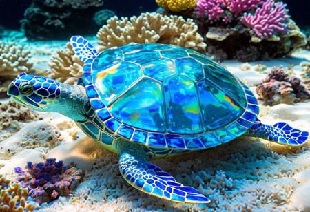 Blue glass turtle under water,
Broken glass effect,
 coral reef in the background,
stunning,
something that doesn't even exist,
to be mythical,
energy,
molecular,
textures,
iridescent and luminescent scales,
breathtaking beauty,
pure perfection,
divine presence,
unforgettable,
impressive,
breathtaking beauty,
Volumetric light,
will have,
rays,
bright colors reflect