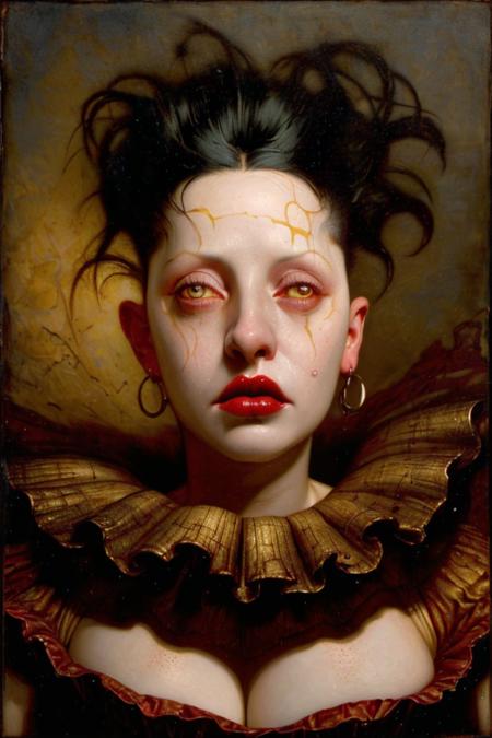 (Lowbrow, ray caesar, odd nerdrum, kitsch, oilpainting),1girl, night, suspicion, staring, looking, terrified, scar, dread, detailed textures, suture cleavage, black hair, (Moroccan bizaar, market), goods, vermillion cheeks, cobalt, Naples yellow, ((flake white eyes)), raw umber, terra verde, mars black, cadmium red lips, ultramarine, Michael Hussar,
-(Hats,hoodies, hood, helmet), (various gens, variety, morphing anatomy),(bindi)
Steps: 20, Sampler: DPM++ 2M Karras, Guidance Scale: 6.5, Seed: 3812064878, Size: 640x960, Model: ps75_fp16_f16.ckpt, Strength: 1.0, Seed Mode: NVIDIA GPU Compatible, Hires Fix: true, First Stage Size: 512x768, Second Stage Strength: 0.7, LoRA Model: michaelhussar_10_lora_f16.ckpt, LoRA Weight: 0.62