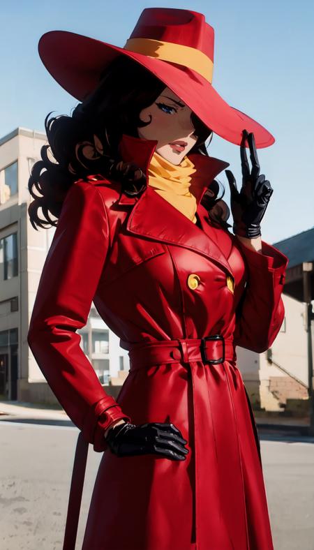 straight-on, upper body, solo, BREAK
CARTOON_carmen_sandiego_ownwaifu, www.ownwaifu.com, carmen_sandiego,
long hair, black hair, lipstick, makeup, red lips, breasts, lips, blue eyes, mature female, curly hair, dark skin,  long legs, narrow waist, curvy, 
trench coat, witch hat, belt, red headwear, black gloves, red coat, long coat, scarf, yellow scarf, buttons, big hair, 
<lora:CARTOON_carmen_sandiego_ownwaifu-15:0.85> ,, official art, highres, scenery, (masterpiece:1.1), (best quality,:1.1), (high quality:1.1), (anime screencap:1.2),