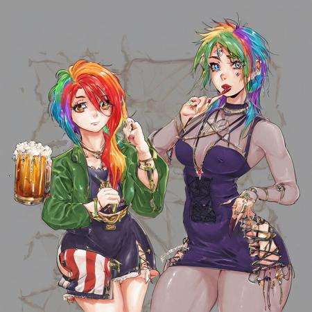 2 figures drinking red beer, 
 a curvy female leprechaun, shemrock jewellery , ornate shillelagh, highly detailed,  tight green jacket, short skirt, 
BREAK
A beautiful wraith, translucent purple dress laced at front, rainbow hair, pentagram jewellery, long colourful finger nails,