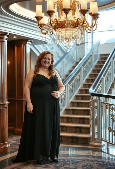 A raw, candid, ultra realistic photographic still of an overweight 41 year old English woman. She has long auburn hair done in pinned curls style. She is wearing makeup and is standing happily under an expensive looking chandelier, by a grand staircase on a first class cruise ship. She is wearing a stylish dark coloured chiffon gown that fits her perfectly and a pair of heels.