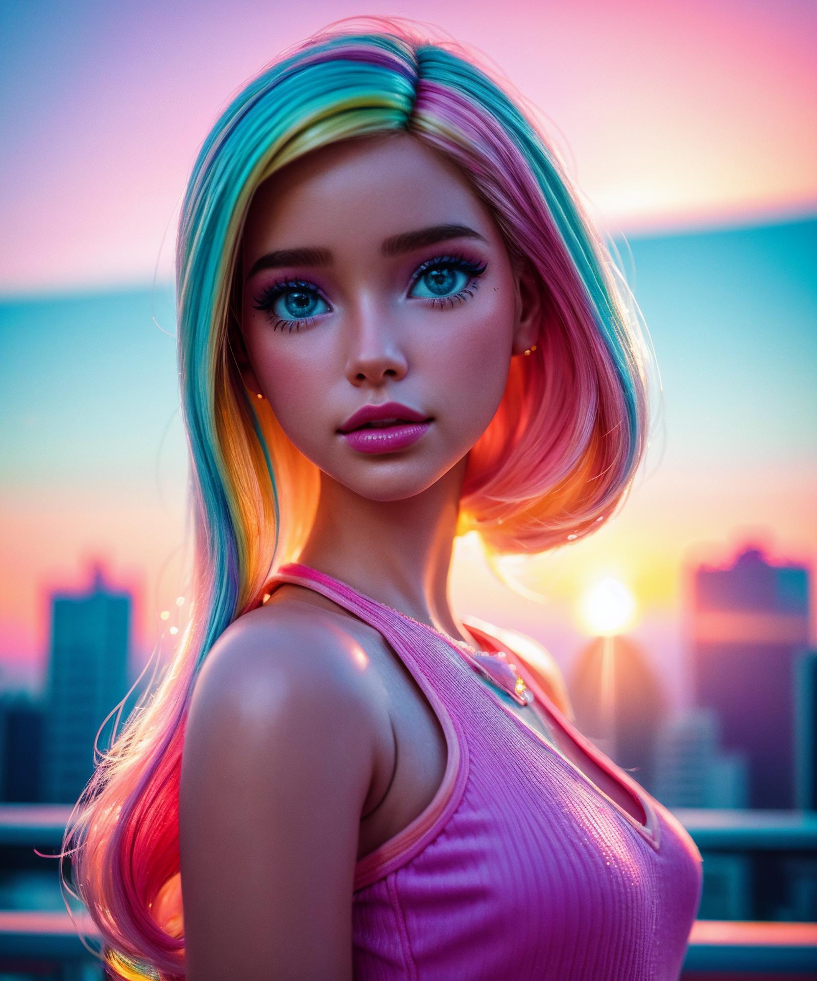 A doll with pink hair, pink shirt, and blue eyes stands in a city with tall buildings.